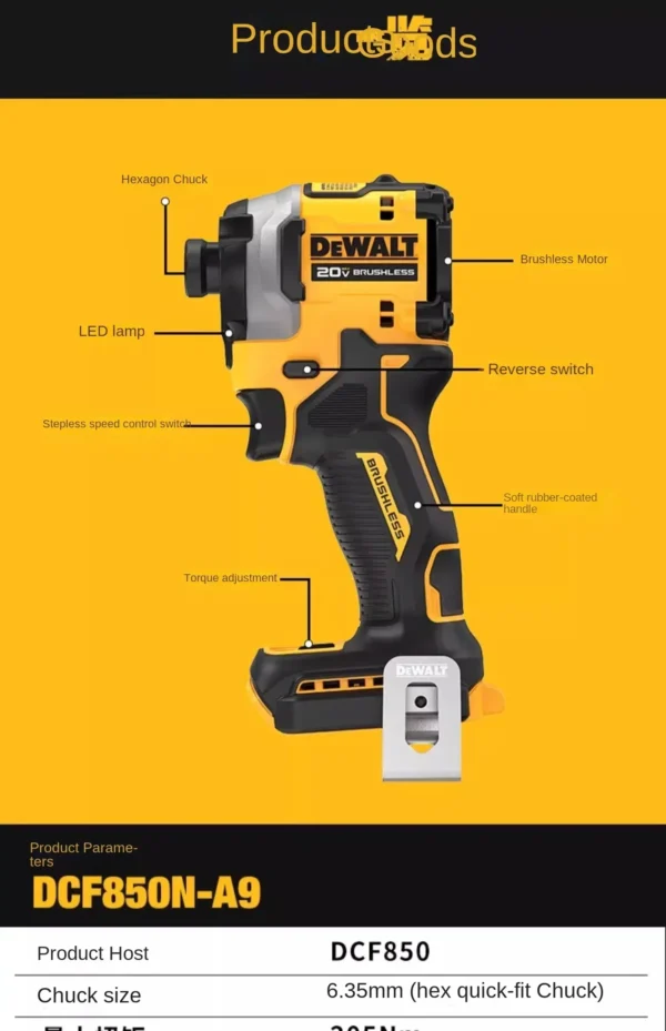 DEWALT DCF850 Impact Driver Electric Driver 20V Lithium Battery Brushless battery screwdrivers High Torque tools 공구 - Image 5